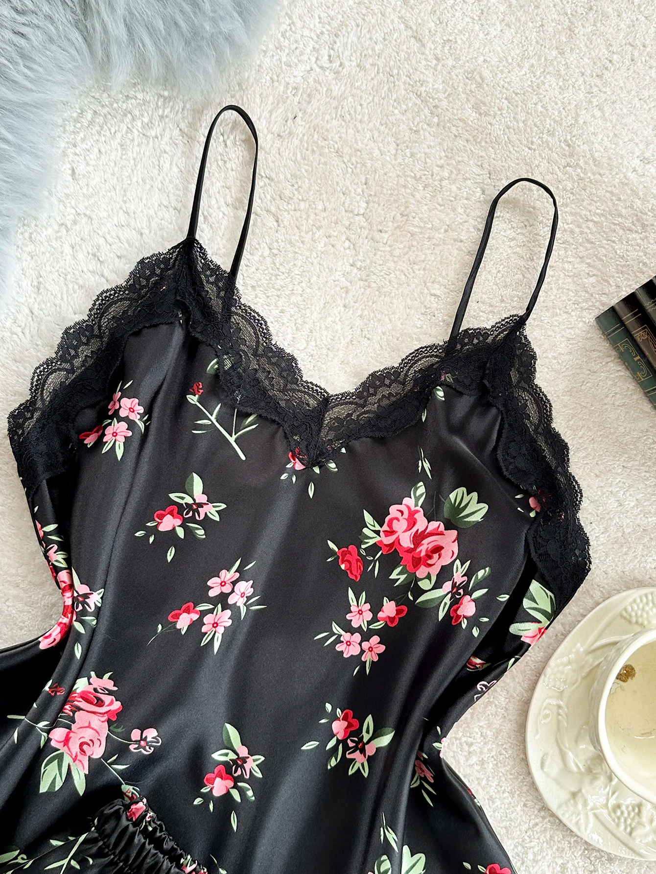 2-Piece Satin V-Neck Set with Lace Accents