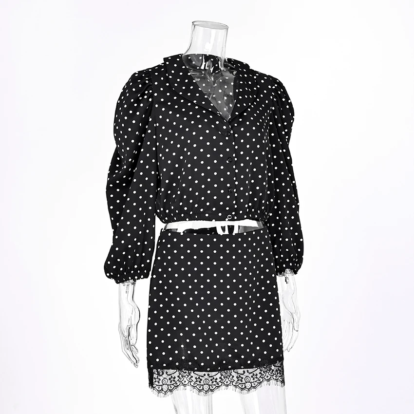 Polka Dot Chiffon Set with Lace Details and Short Skirt