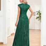 Sequin Evening Dress with Cap Sleeves, V-Neck and Gathered Waist — Image 2