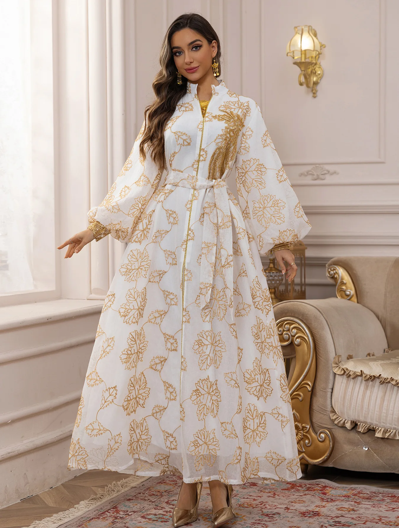 White Abaya with Gold Floral Embroidery