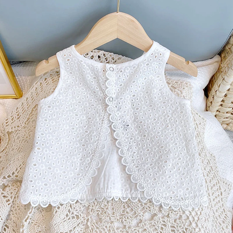 Girls' White Openwork Lace Summer Set
