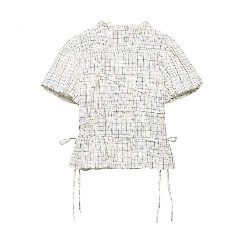 Plaid Blouse and Skirt Set with Embroidery and Bow