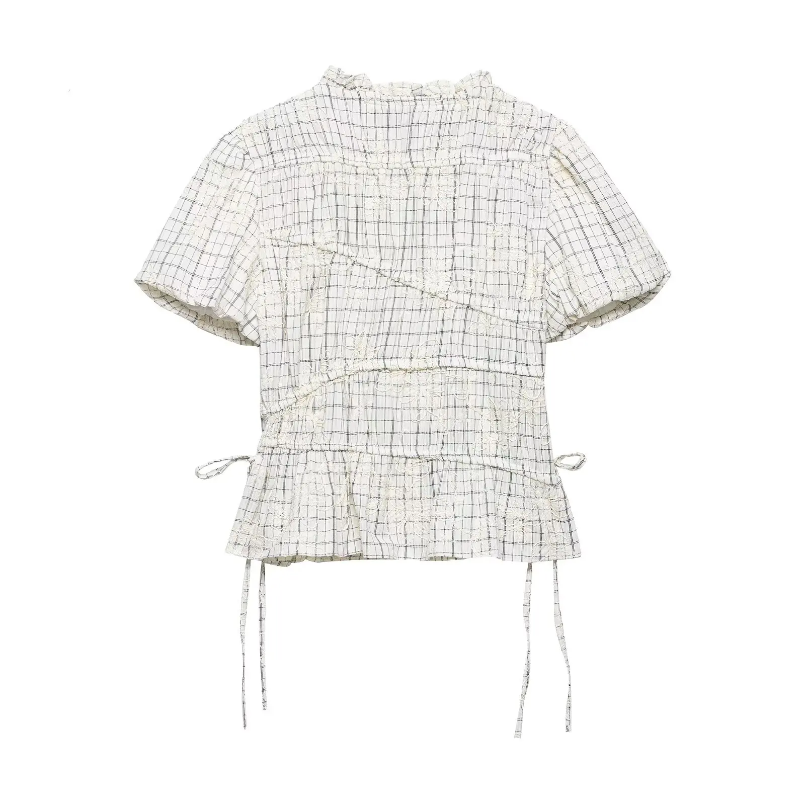Plaid Blouse and Skirt Set with Embroidery and Bow