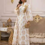 White Abaya with Gold Floral Embroidery