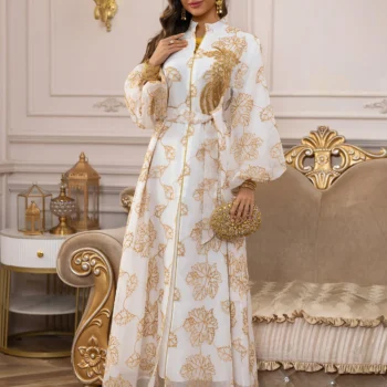 White Abaya with Gold Floral Embroidery