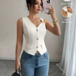 Women's White Vest with Sequin Details and Front Buttons