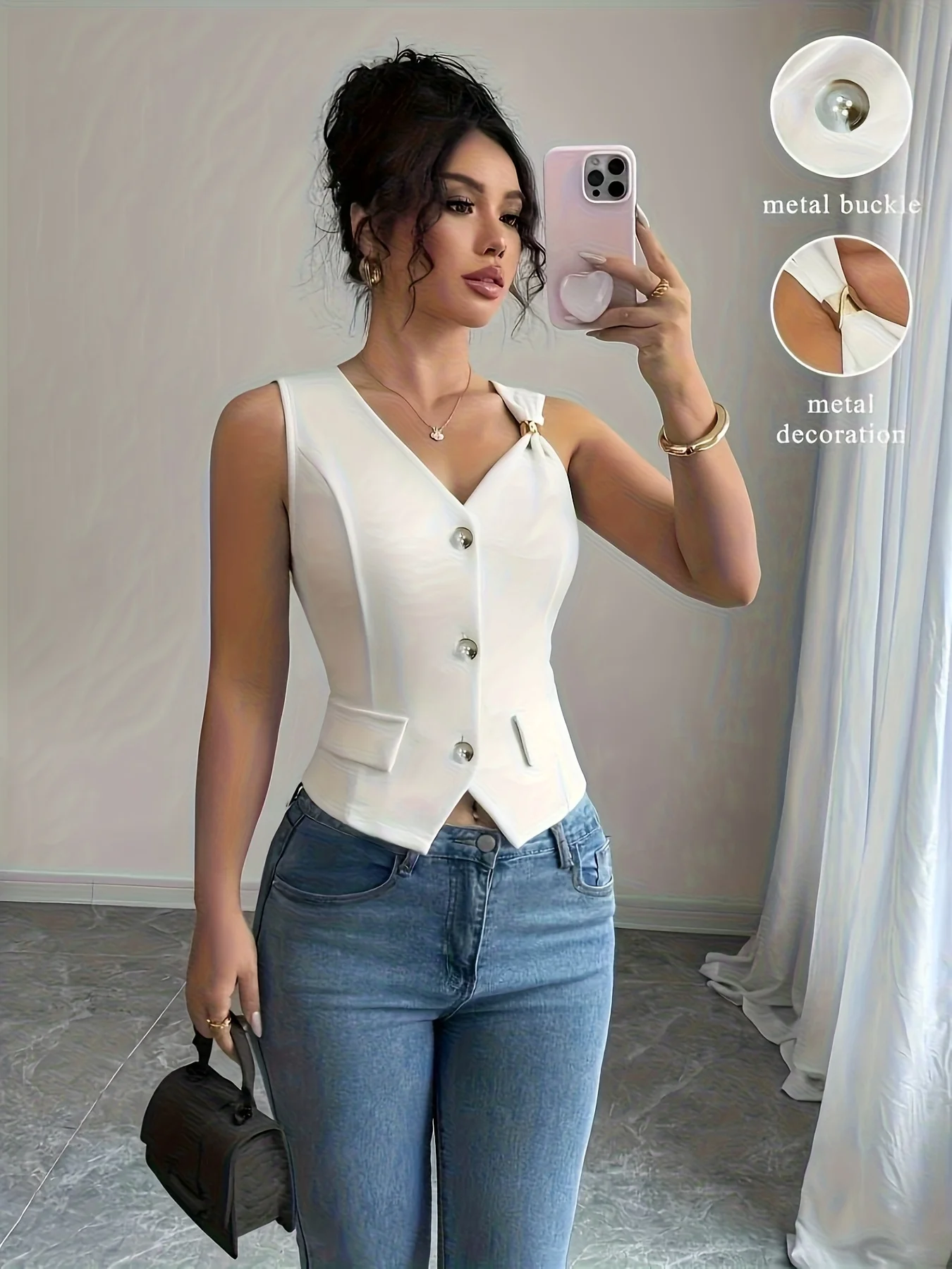 Women's White Vest with Sequin Details and Front Buttons