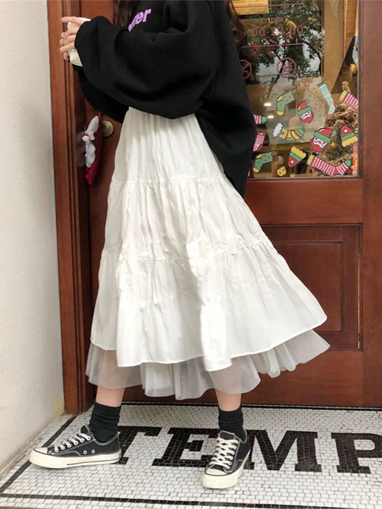 Tulle Mesh Midi Skirt with Elastic Waist