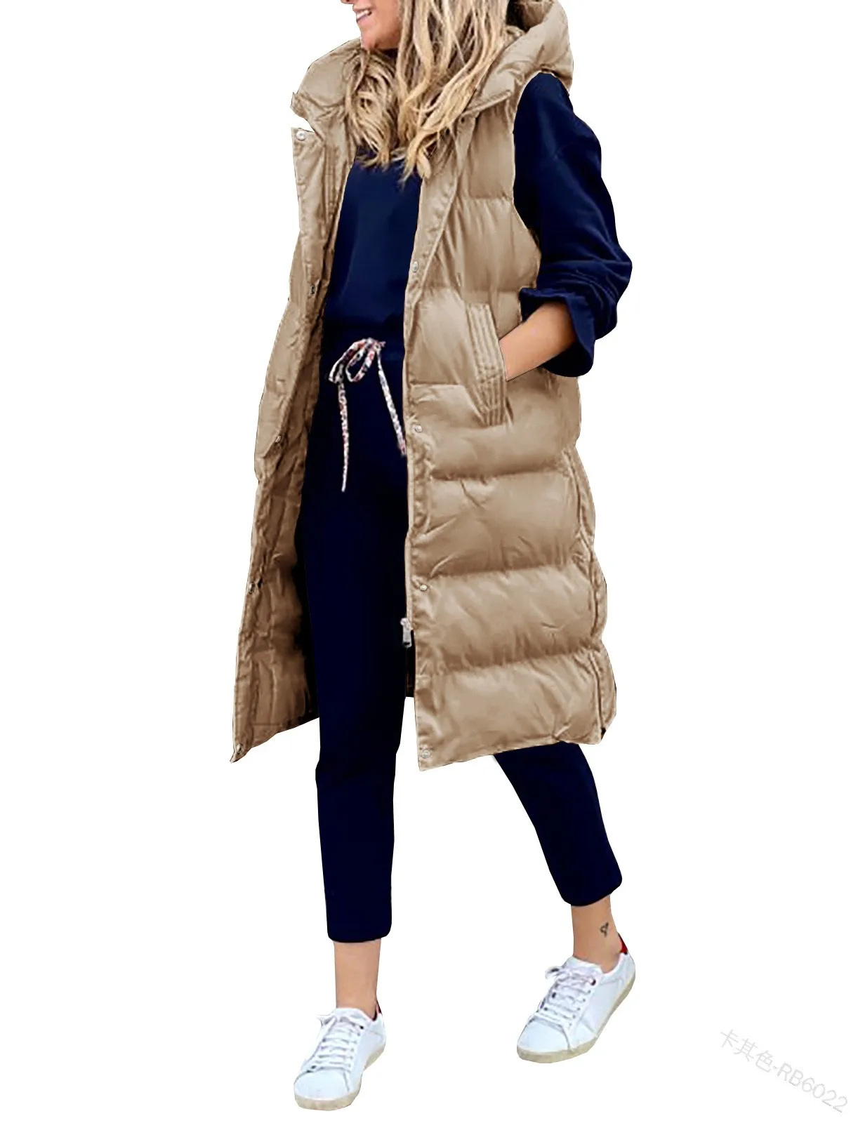 Long Winter Hooded Zip-Up Vest with Side Pockets