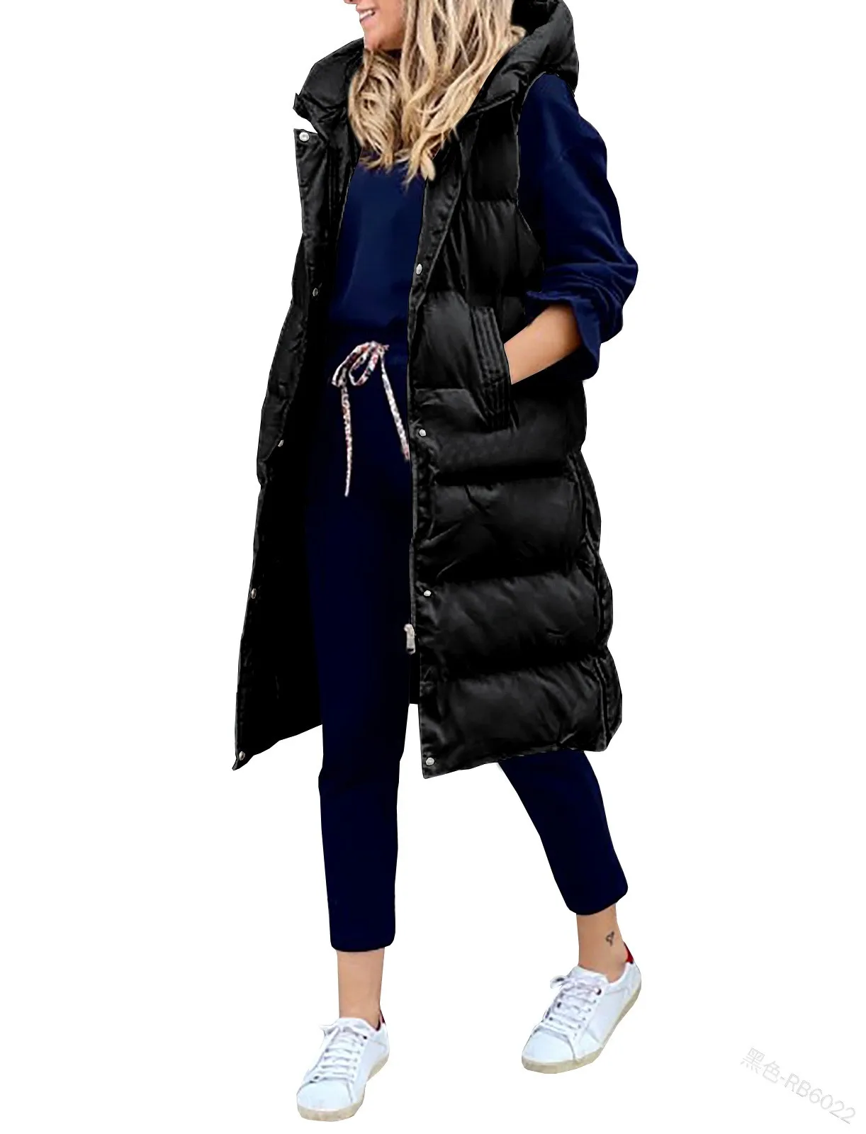 Long Winter Hooded Zip-Up Vest with Side Pockets
