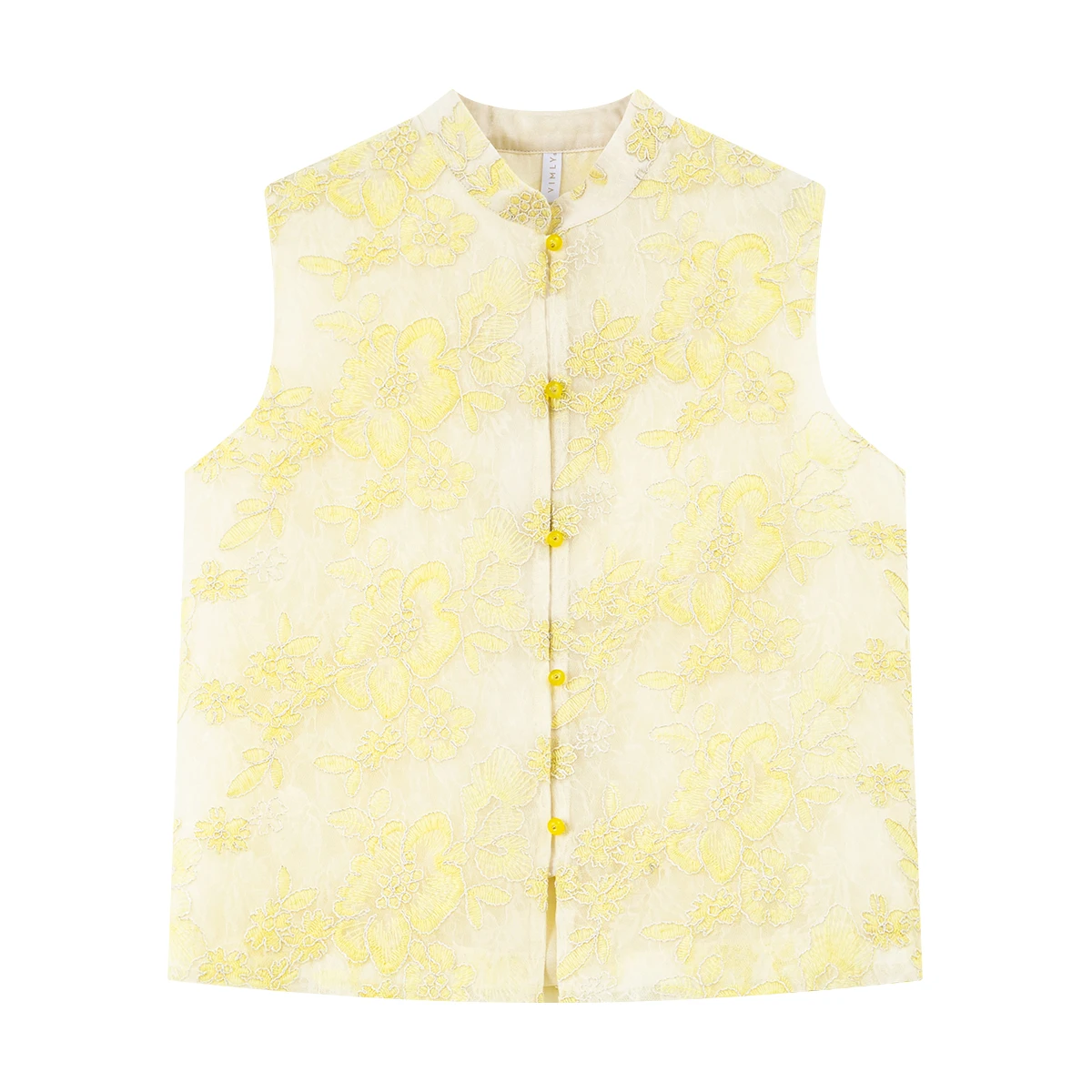 Sleeveless Summer Vest with Floral Embroidery and Front Buttons