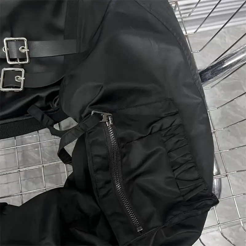 Black Leather-Feel Jacket with Front Buttons and Pockets