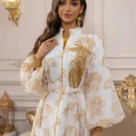 White Abaya with Gold Floral Embroidery — Image 2