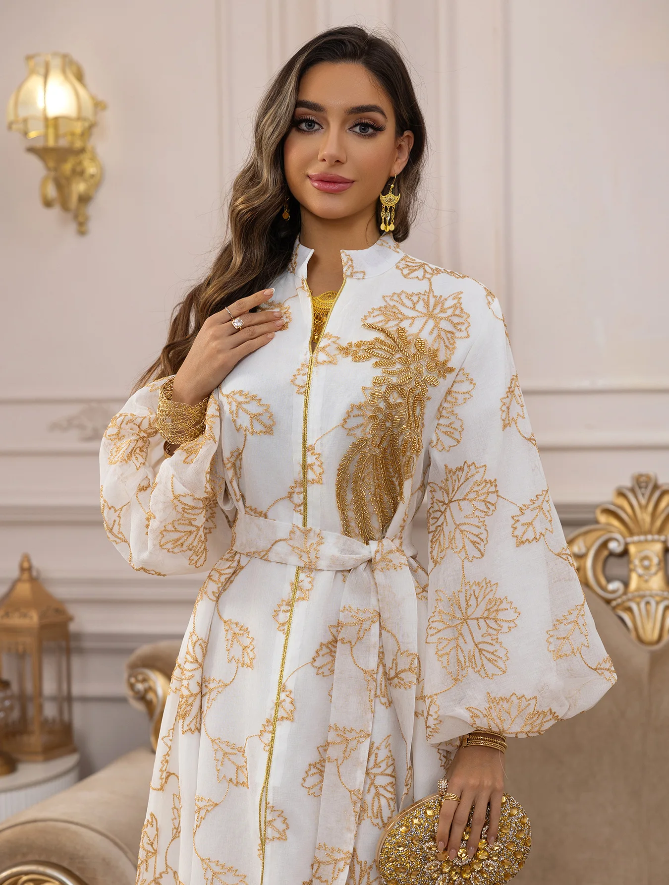 White Abaya with Gold Floral Embroidery