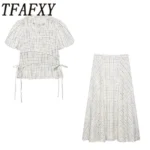 Plaid Blouse and Skirt Set with Embroidery and Bow