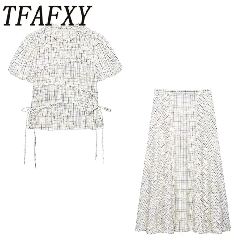 Plaid Blouse and Skirt Set with Embroidery and Bow