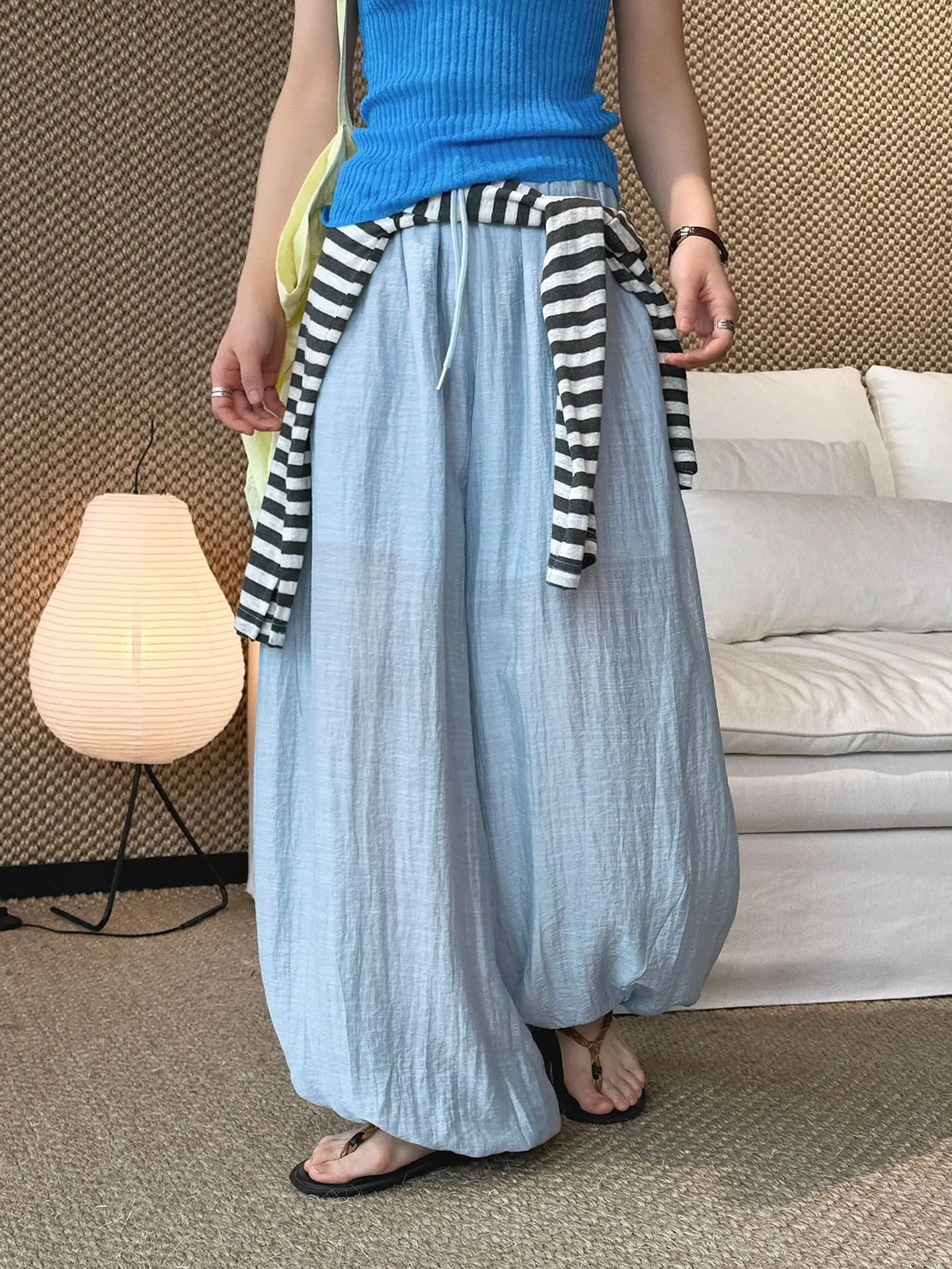Ankle-Length High Waist Wide-Leg Pants with Tie