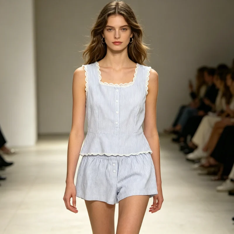 Striped Loungewear Set with Vest and Lace