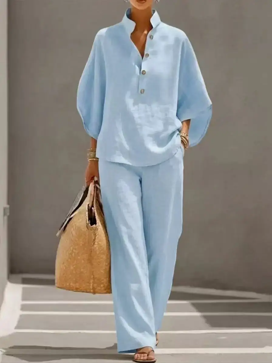 Linen-Feel Set with Wide Sleeves and Elastic-Waist Pants