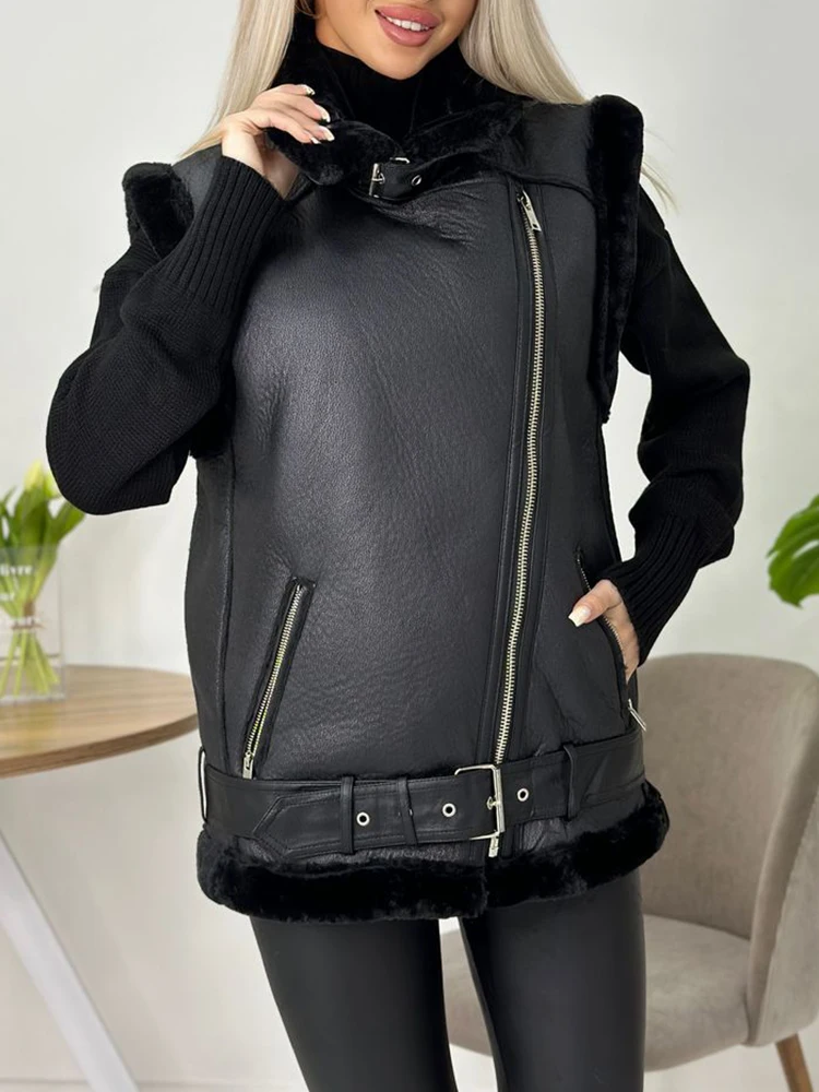 Faux Fur Vest with Turn-Down Collar and Zip Closure