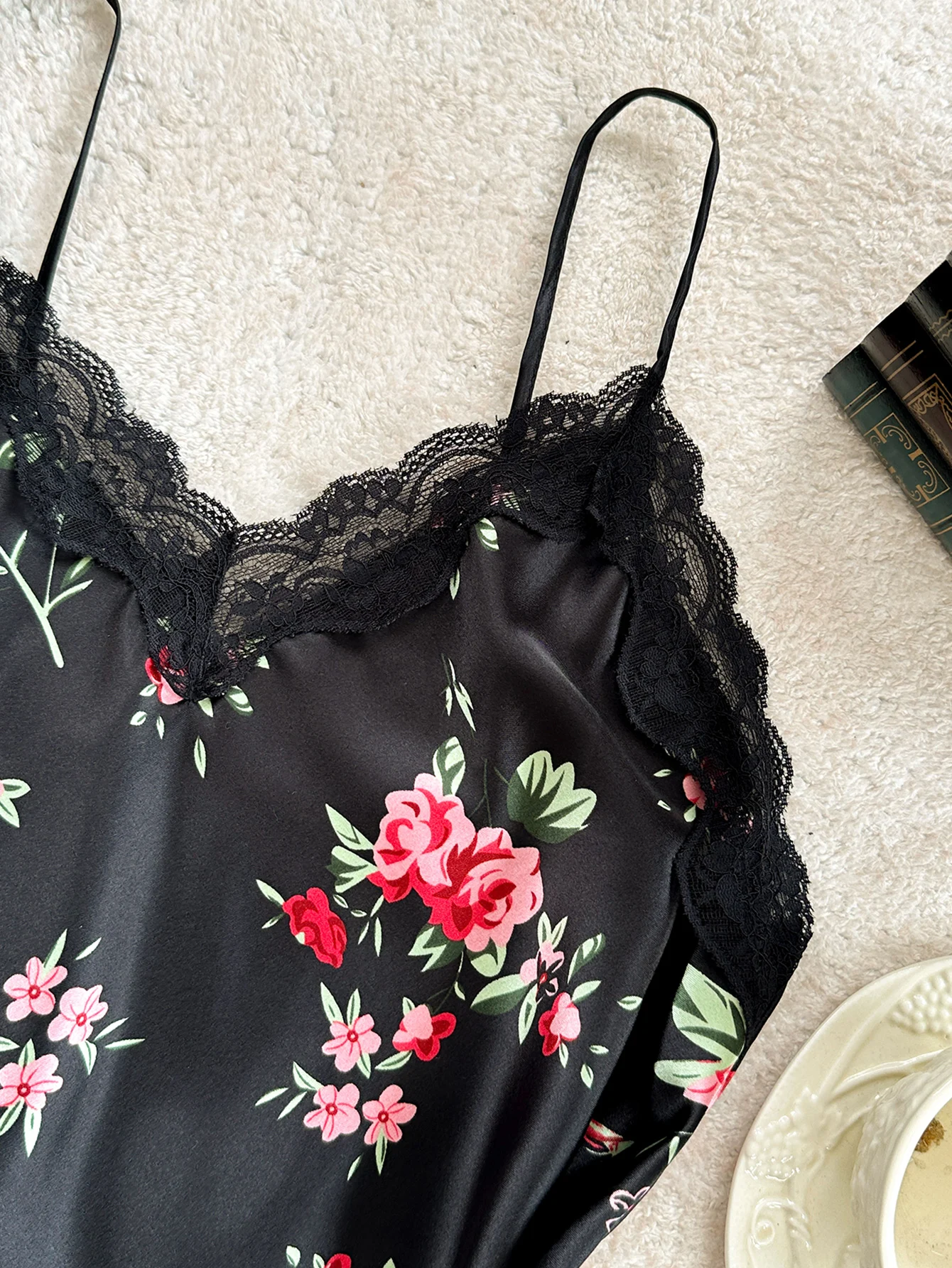 2-Piece Satin V-Neck Set with Lace Accents