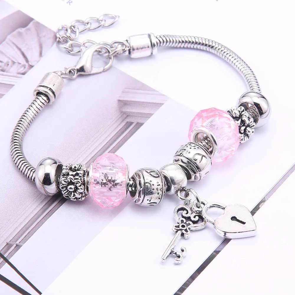 Pink Bracelet with Beads and Snake Chain