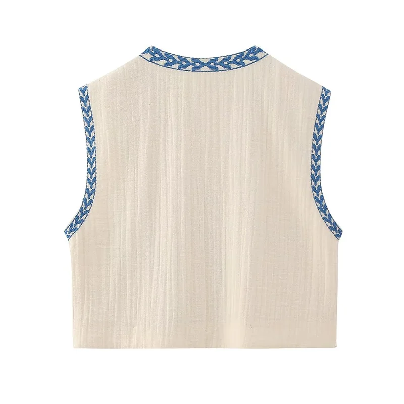 Cropped Open-Front V-Neck Vest with Floral Embroidery
