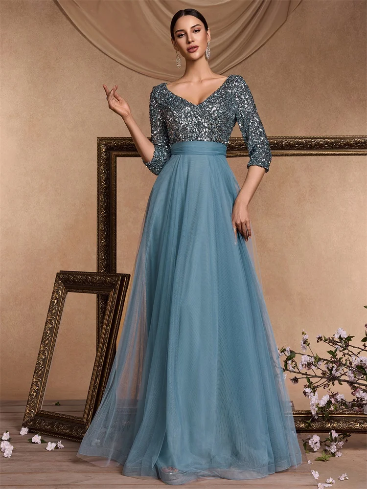 Three-Quarter Sleeve Evening Dress with Sequin Bodice and Tulle Skirt