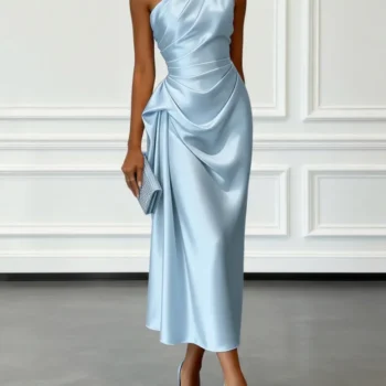 Formal Satin One-Shoulder Ruched Midi Dress