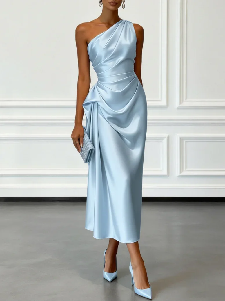 Formal Satin One-Shoulder Ruched Midi Dress