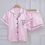 Striped Pajama Set with Embroidery and Pocket