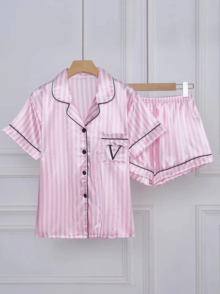 Striped Pajama Set with Embroidery and Pocket