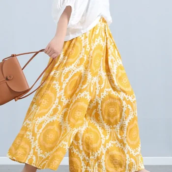Ankle-Length Printed Wide-Leg Pants with Elastic Waist
