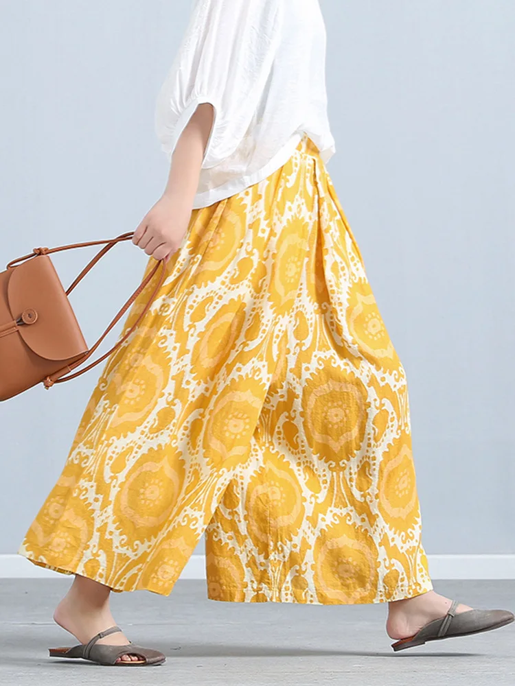 Ankle-Length Printed Wide-Leg Pants with Elastic Waist
