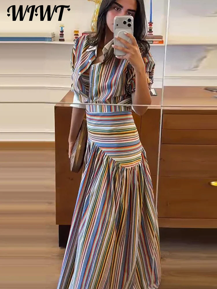 2-Piece Striped Set: Button-Up Shirt and Ankle-Length Skirt