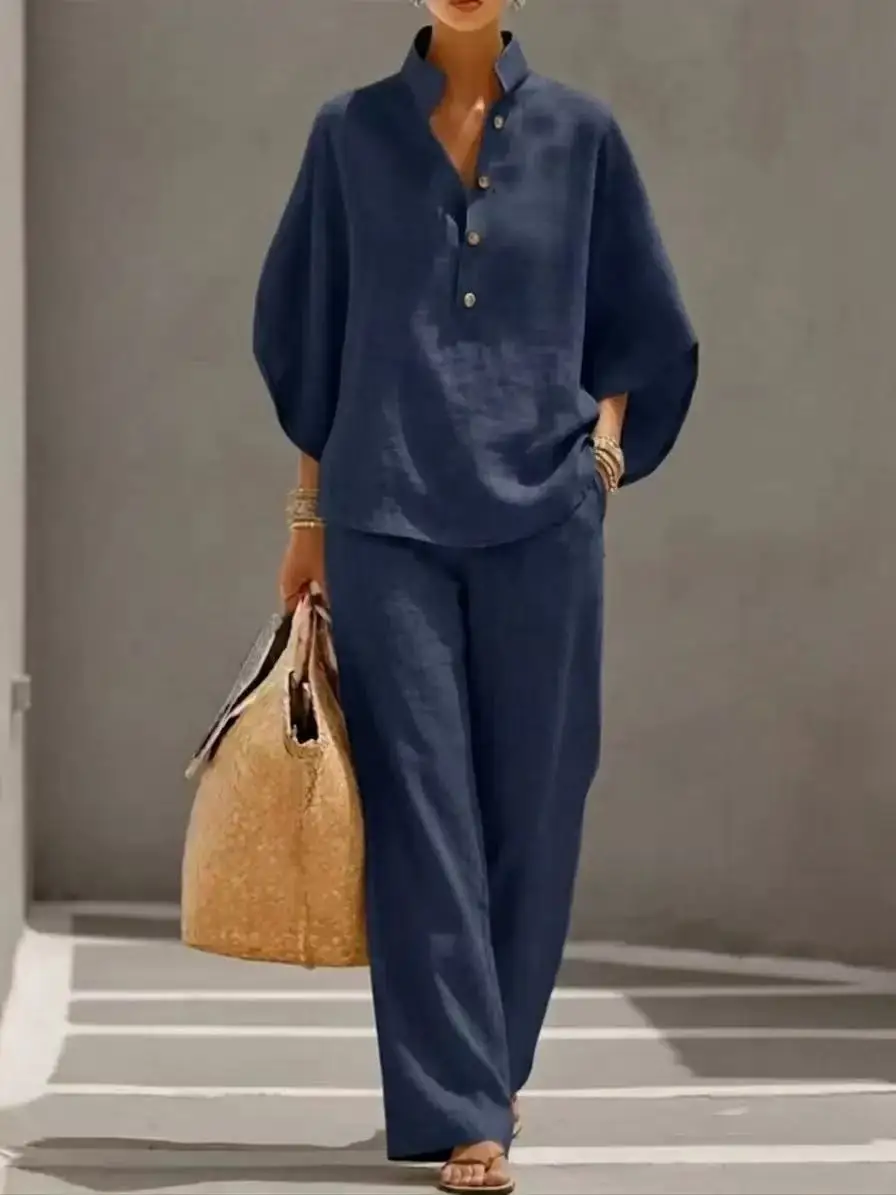 Linen-Feel Set with Wide Sleeves and Elastic-Waist Pants
