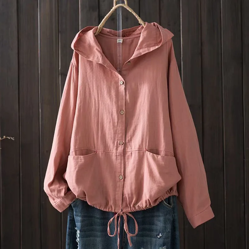 Solid Cotton Long Sleeve Hooded Cardigan
