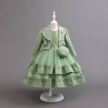 Girls' Green Dress with Coat and Bag