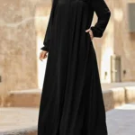 Black Abaya with Stand Collar and Zipper — Image 2