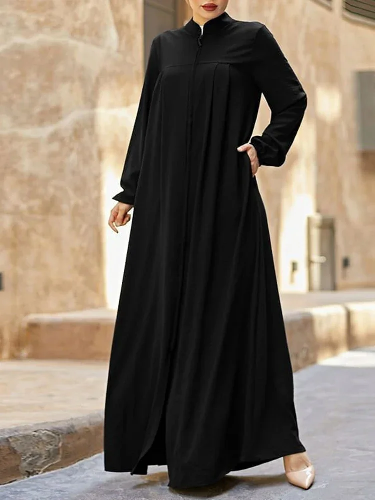 Black Abaya with Stand Collar and Zipper