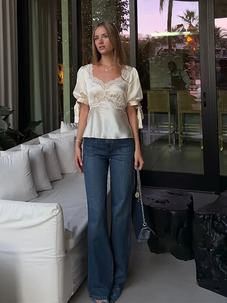 Short Sleeve T-Shirt with Lace Details and Waist Tie