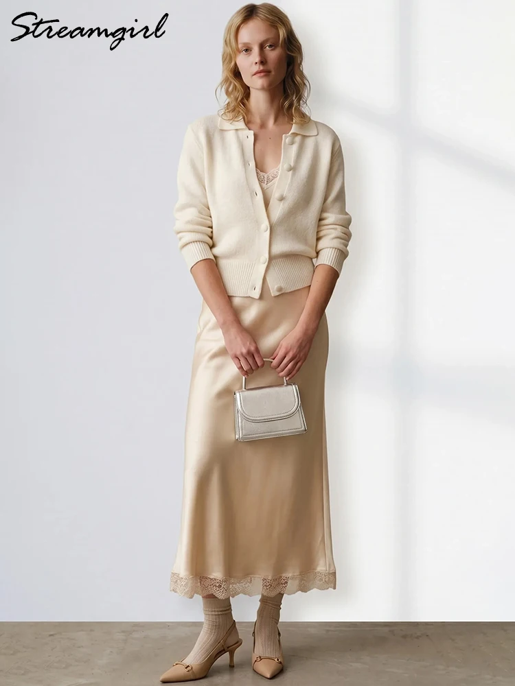 Satin Maxi Skirt with Lace Trim