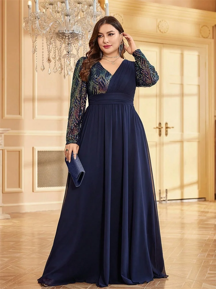 Long Sleeve V-Neck Loose Chiffon Evening Dress