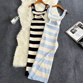 Slim-Fit Striped Summer Dress with Slit
