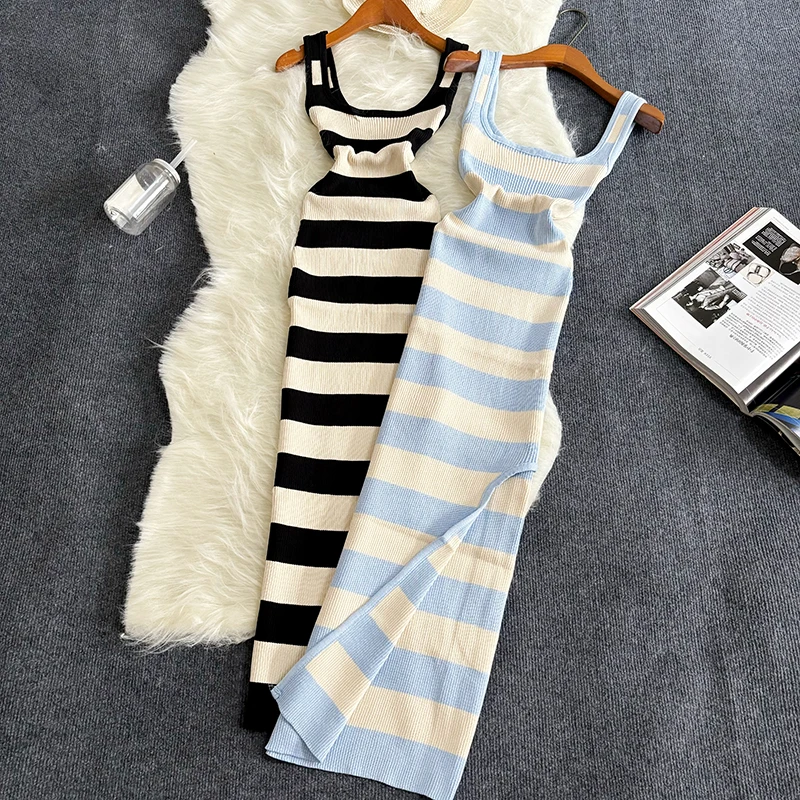 Slim-Fit Striped Summer Dress with Slit
