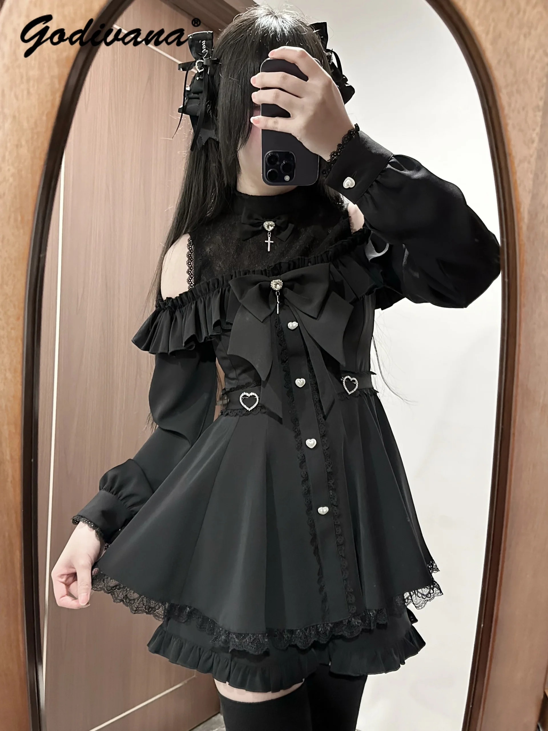 Short Off-Shoulder Dress with Lace Details and Bow