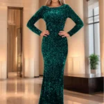Long Sleeve Sequin Mermaid Evening Dress with Train — Image 6