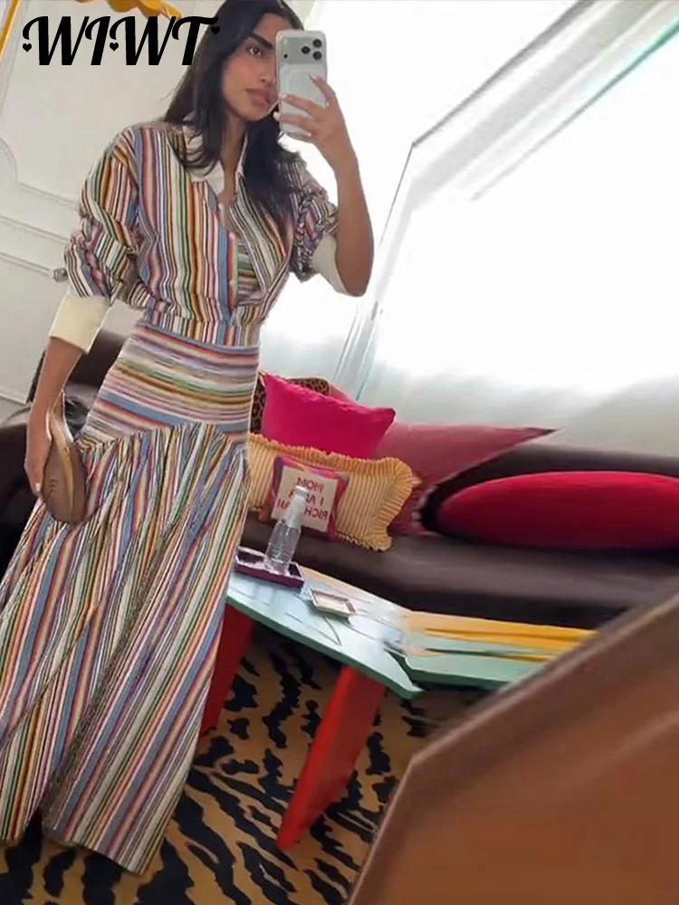 2-Piece Striped Set: Button-Up Shirt and Ankle-Length Skirt