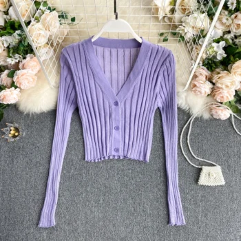 Knitted Ribbed Long Sleeve V-Neck Cardigan