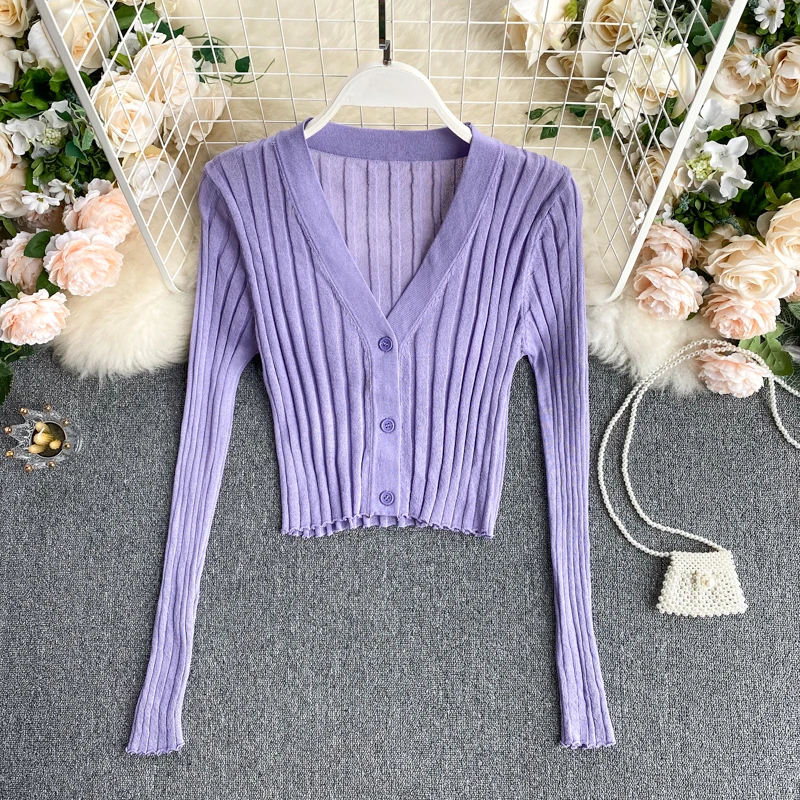 Knitted Ribbed Long Sleeve V-Neck Cardigan